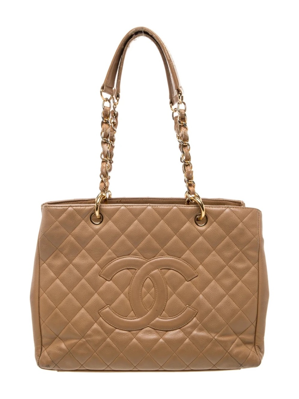 CHANEL Quilted Tan Leather Shoulder Tote with Gold Chain Straps